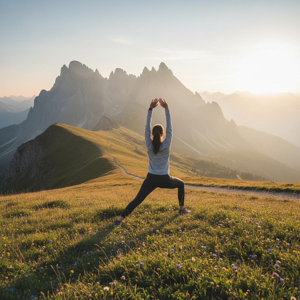 Person beim Stretching an einem ruhigen Berghang im Morgenlicht – Symbol für körperliche Aktivität in der Natur