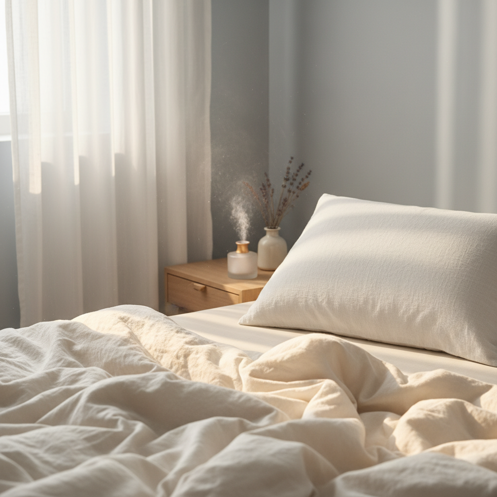 Ruhige Schlafumgebung mit einem weissen Kissen auf leichtem Leinen, weisches Morgenlicht durch helle Vorhänge – Symbol für Schlafqualität und nächtliche Regeneration