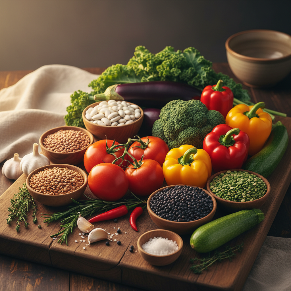 Frisches, unverarbeitetes Gemüse und Hülsenfrüchte auf einem Holzbrett im warmen Seitenlicht – Darstellung bewusster Ernährung
