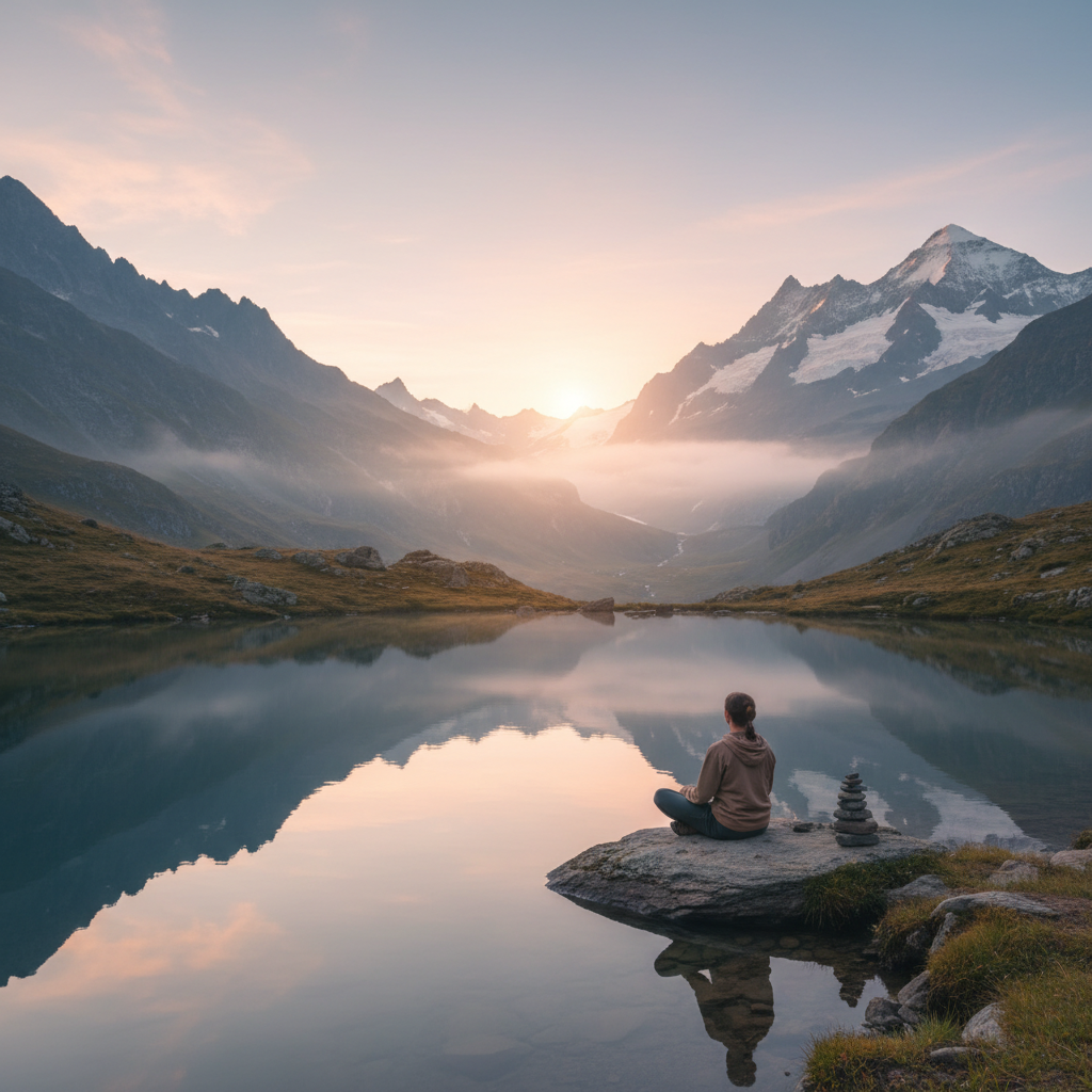 Ruhige Berglandschaft in der Schweiz bei Morgenlicht – Symbol für achtsamen Lebensstil und innere Balance