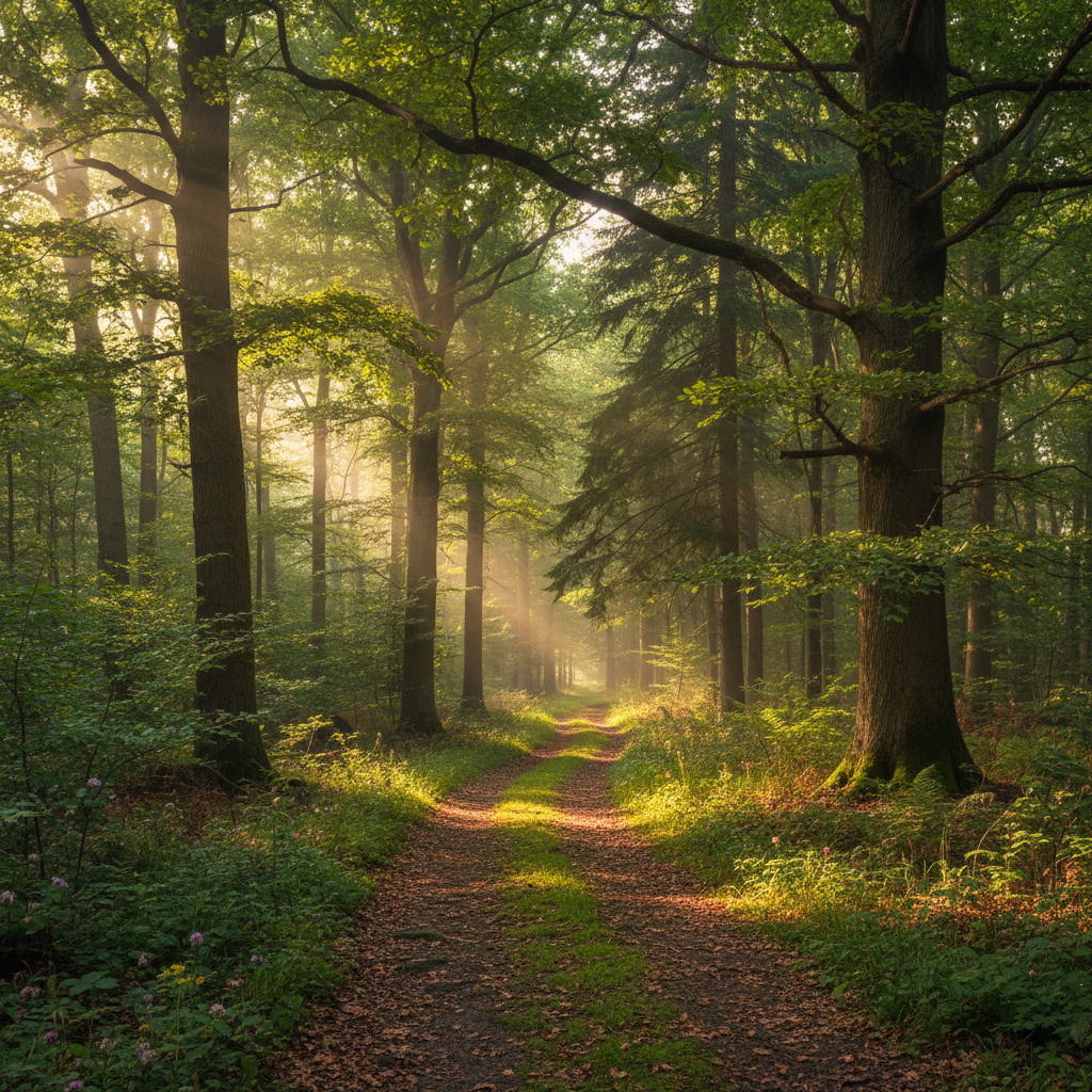 Ruhiger Waldweg mit gefiltertem Sonnenlicht zwischen hohen Bäumen – Sinnbild für Bewegung in der Natur und Erholung