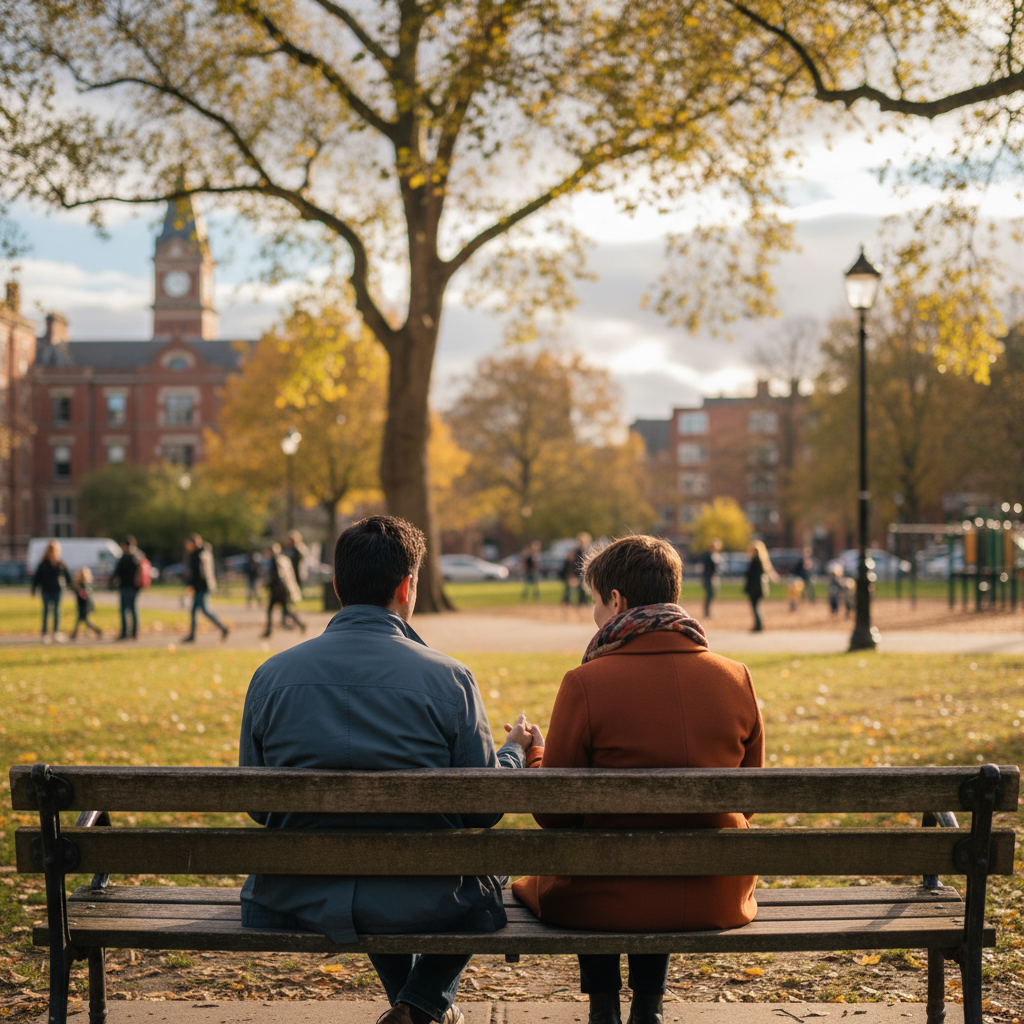 Zwei Personen beim ruhigen Gespräch auf einer Parkbank, von hinten betrachtet – Symbol für soziale Verbindungen und Gemeinschaft